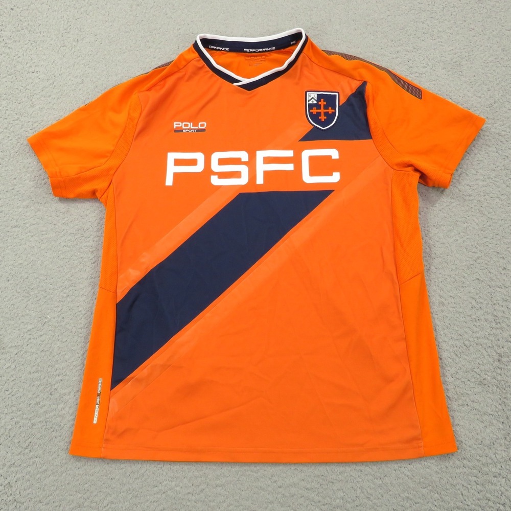 Polo Sport Shirt Mens Medium Orange Navy Jersey Crest Patch Spellout PSFC Soccer